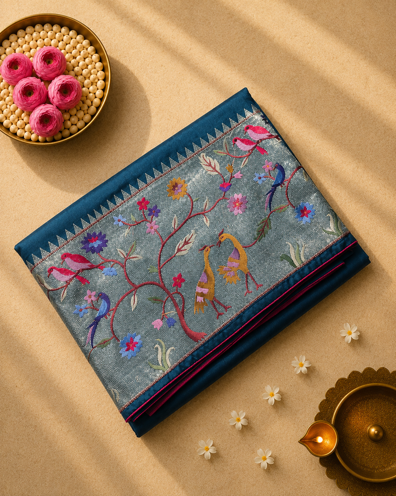 Pure Raw Silk Saree with 10 inch German Silver Paithani Border