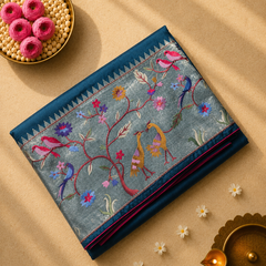 Pure Raw Silk Saree with 10 inch German Silver Paithani Border