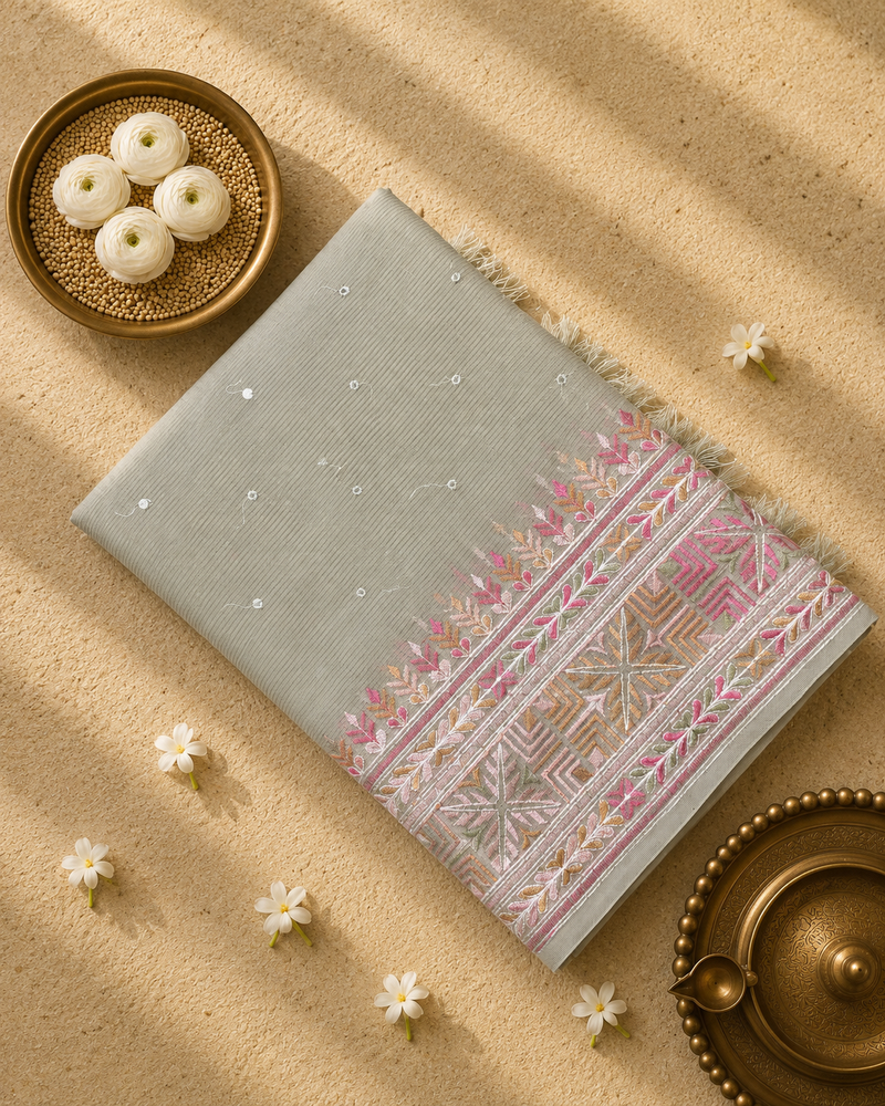 Linen Tissue Saree with Embroidery and Mirror Work