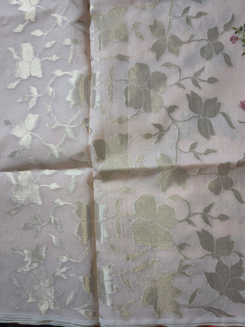 Kota Tissue Saree with Floral Woven Border and Embroidery