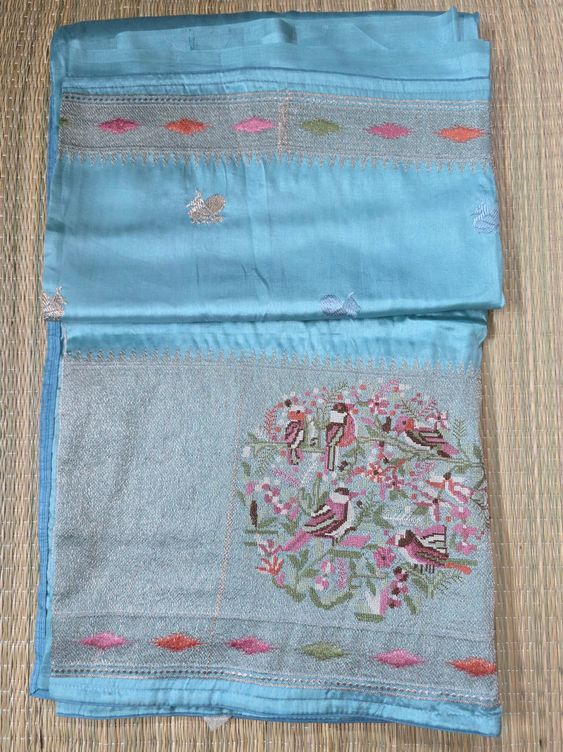 Pure Raw Silk Saree with 10 inch German Silver Border and Petit Point Work