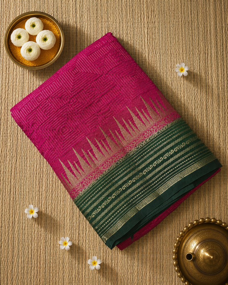 Premium Semi Mysore Crepe with Vintage Temple Border and Rich Pallu