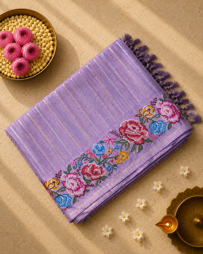 Tussar Silk Saree with Embroidery and Zari Stripes