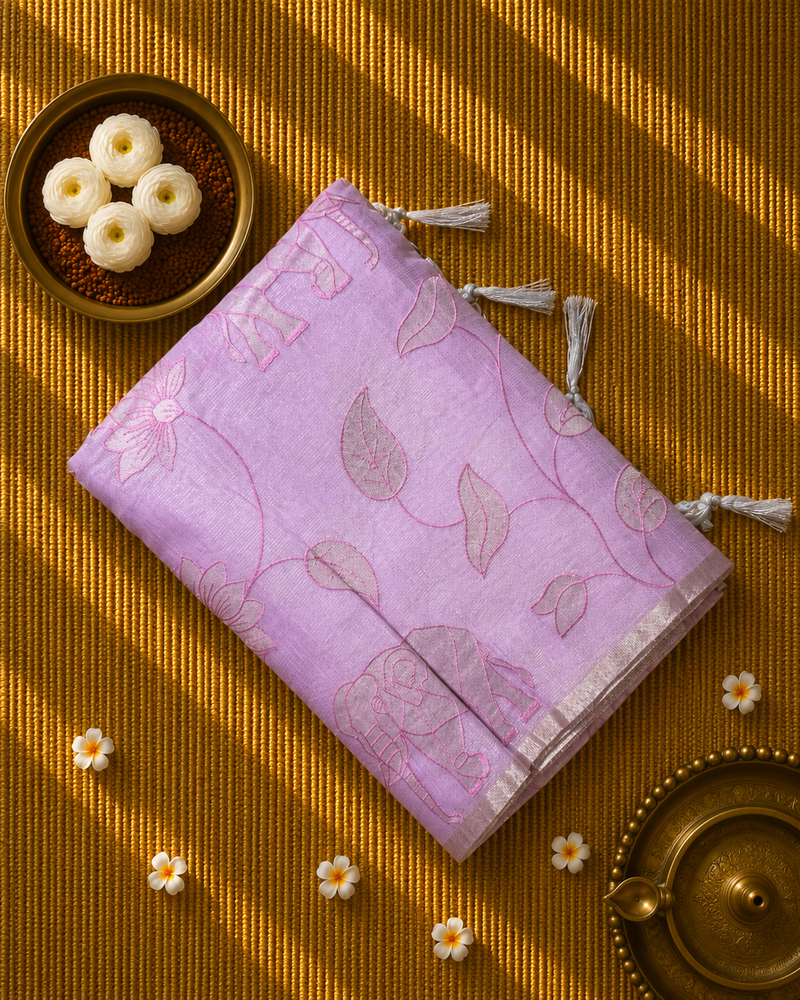 Pink Linen Tissue Saree with all over Applique work