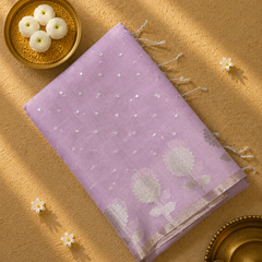 Pink Linen Zari Saree with woven Motifs and Mirror work