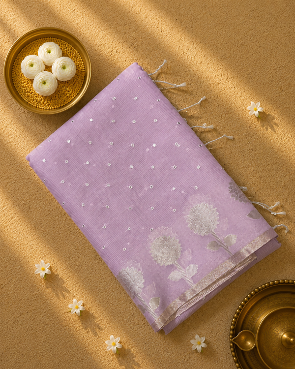 Pink Linen Zari Saree with woven Motifs and Mirror work