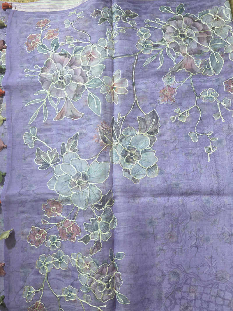 Kora Silk Printed Saree with Aari Work