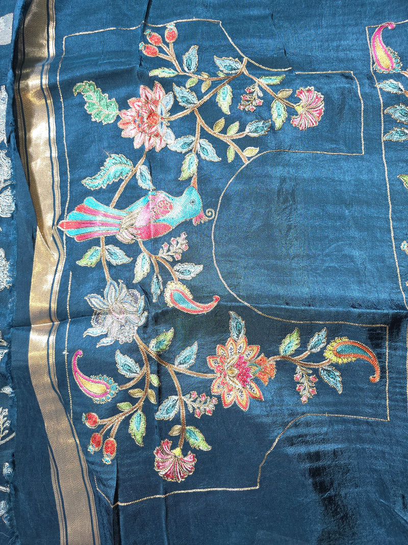Peacock Blue Pure Dola Silk Saree in Checks and Heavy Embroidered Blouse