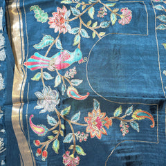 Peacock Blue Pure Dola Silk Saree in Checks and Heavy Embroidered Blouse