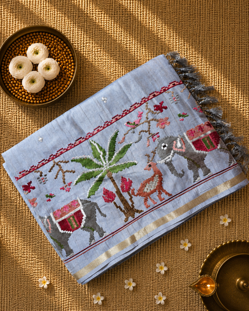 Pure Handloom Tussar Silk Saree with Embroidery and sequins in Muslin Pallu