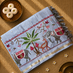 Pure Handloom Tussar Silk Saree with Embroidery and sequins in Muslin Pallu