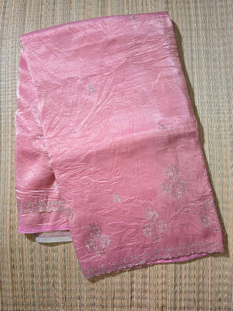 Crush Tissue Saree with Pita Work and Contrast Gold Blouse