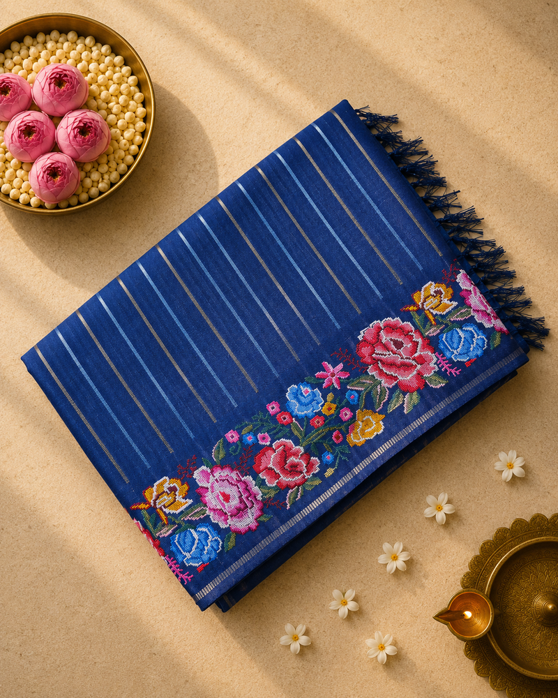 Tussar Silk Saree with Embroidery and Zari Stripes