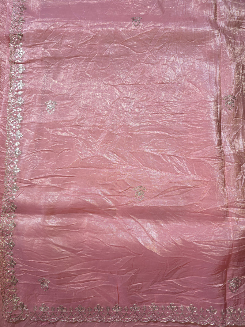 Crush Tissue Saree with Pita Work and Contrast Gold Blouse