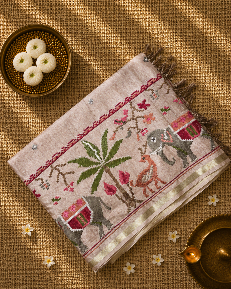 Pure Handloom Tussar Silk Saree with Embroidery and sequins in Muslin Pallu