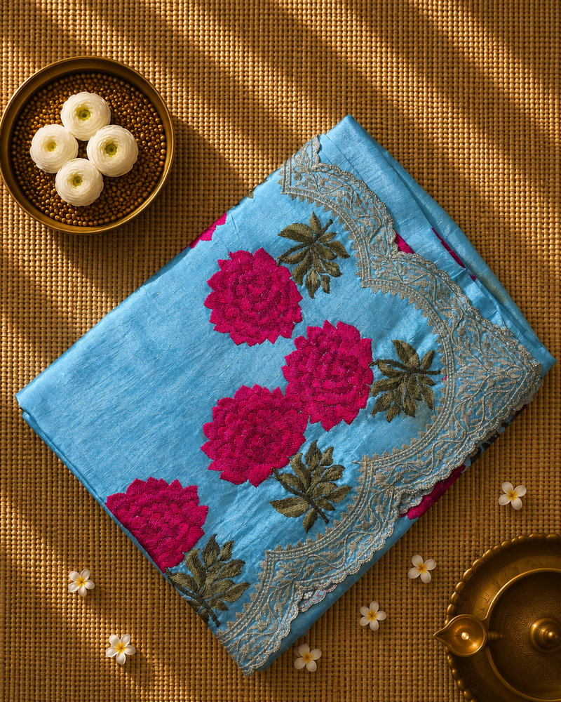 Pure Raw Silk Saree with Scallop Border and Embroidery