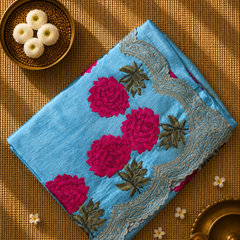 Pure Raw Silk Saree with Scallop Border and Embroidery