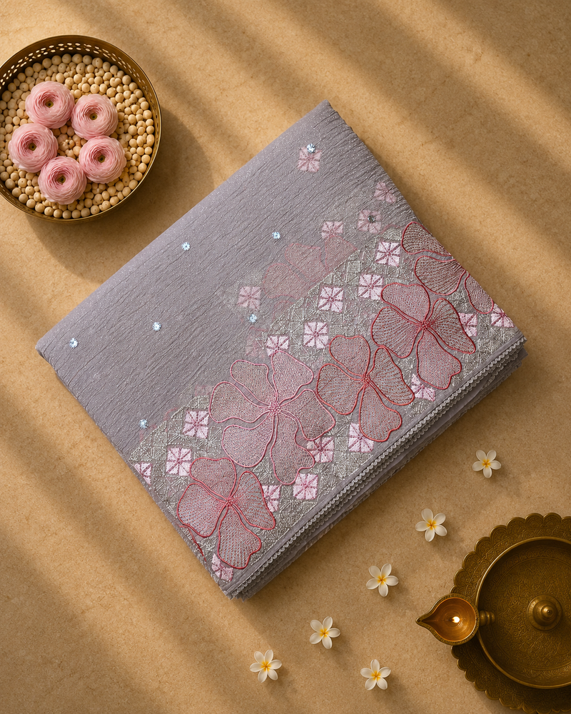 Crush Tissue Saree with Thread and Mirror Work