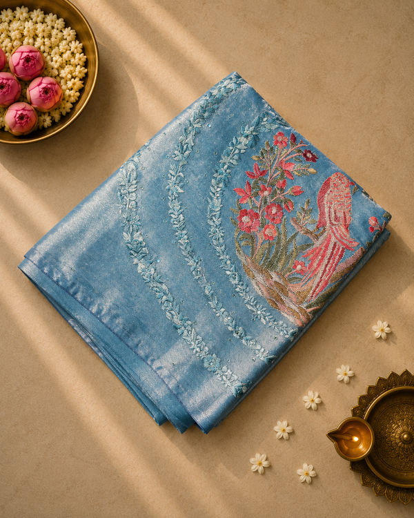 Pure Tissue Saree with Embroidered Pallu and Blouse