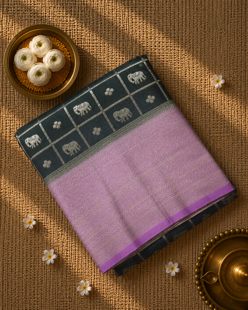 Premium Semi Mysore Crepe with Elephant motifs ,Rich Pallu and Ganga Jamuna Border