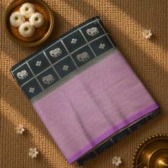 Premium Semi Mysore Crepe with Elephant motifs ,Rich Pallu and Ganga Jamuna Border