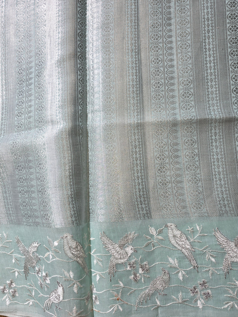 Linen Zari Saree with Pretty Bird Embroidery