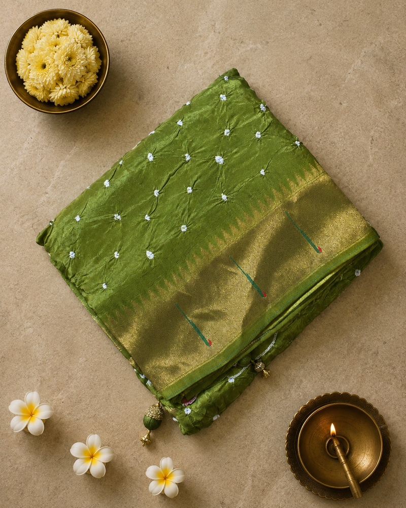 Green Bandhini Crepe Saree with Pathani Border and Pallu