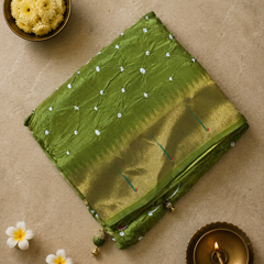 Green Bandhini Crepe Saree with Pathani Border and Pallu