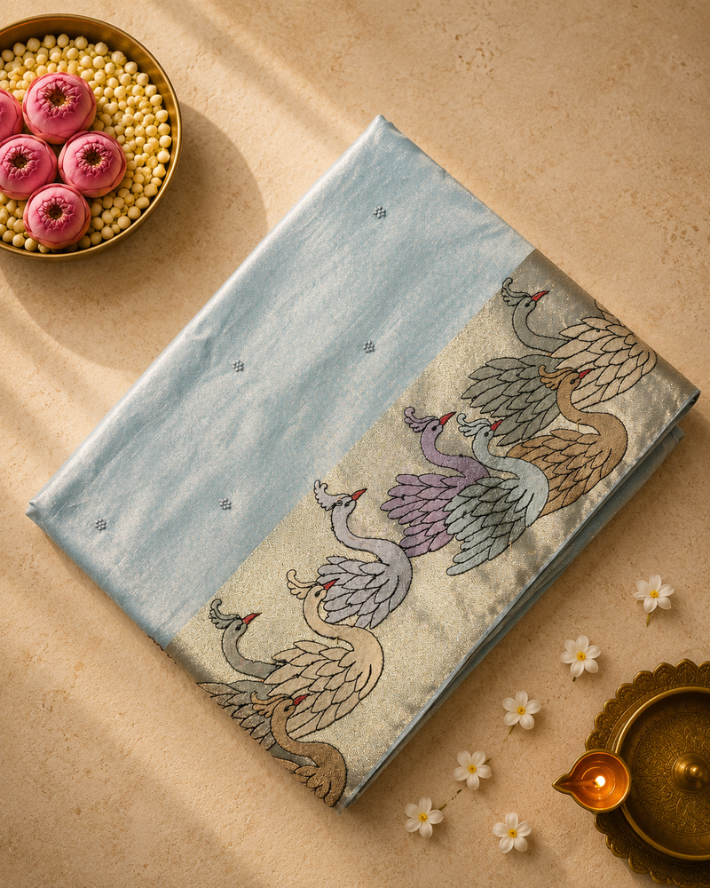 Pure Kora Tissue Silk Saree with Swan Embroidered borders