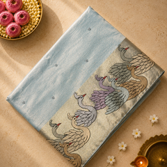 Pure Kora Tissue Silk Saree with Swan Embroidered borders