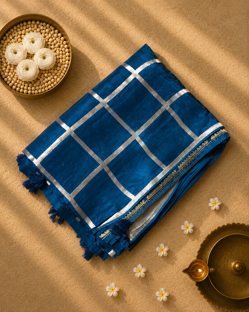 Peacock Blue Pure Dola Silk Saree in Checks and Heavy Embroidered Blouse