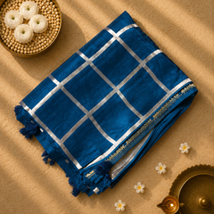 Peacock Blue Pure Dola Silk Saree in Checks and Heavy Embroidered Blouse