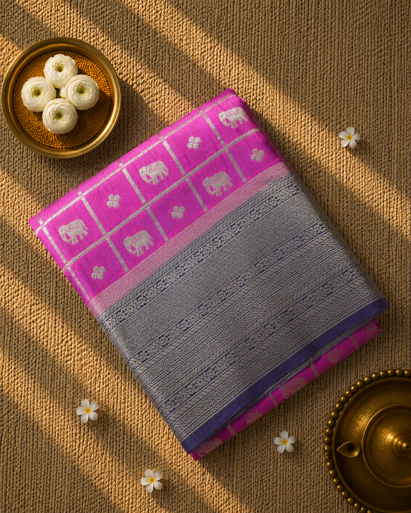 Premium Semi Mysore Crepe with Elephant motifs ,Rich Pallu and Ganga Jamuna Border