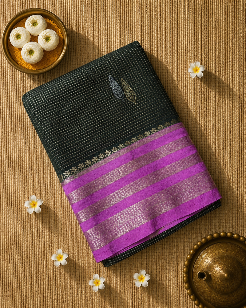 Premium Semi Mysore Crepe Saree with Vintage Checks and Rich Pallu