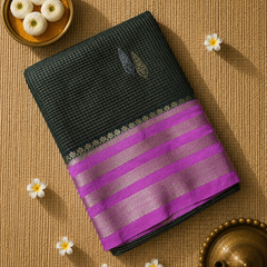 Premium Semi Mysore Crepe Saree with Vintage Checks and Rich Pallu