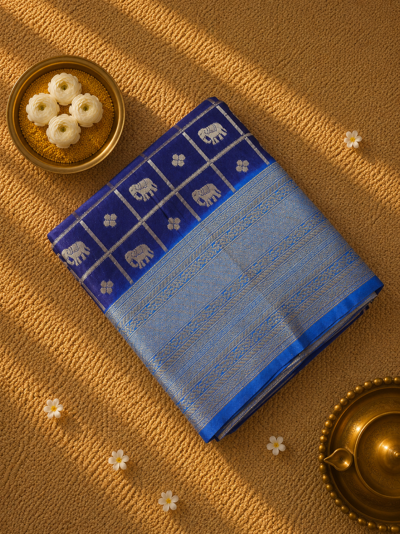Premium Semi Mysore Crepe with Elephant motifs ,Rich Pallu and Ganga Jamuna Border