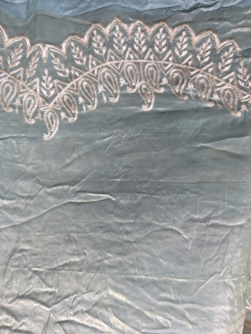 Blue Crush Tissue Saree with Brush painted Applique work and Embroidery
