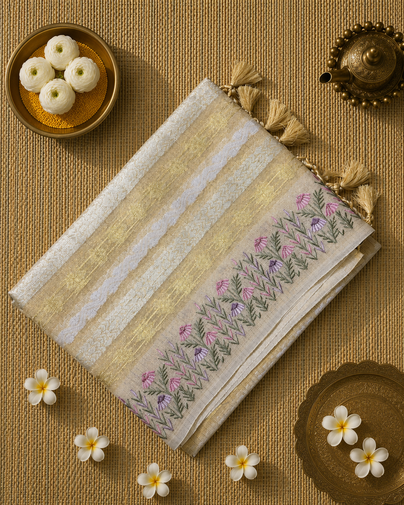 Kota Tissue Saree with Zari Weaving and Embroidery