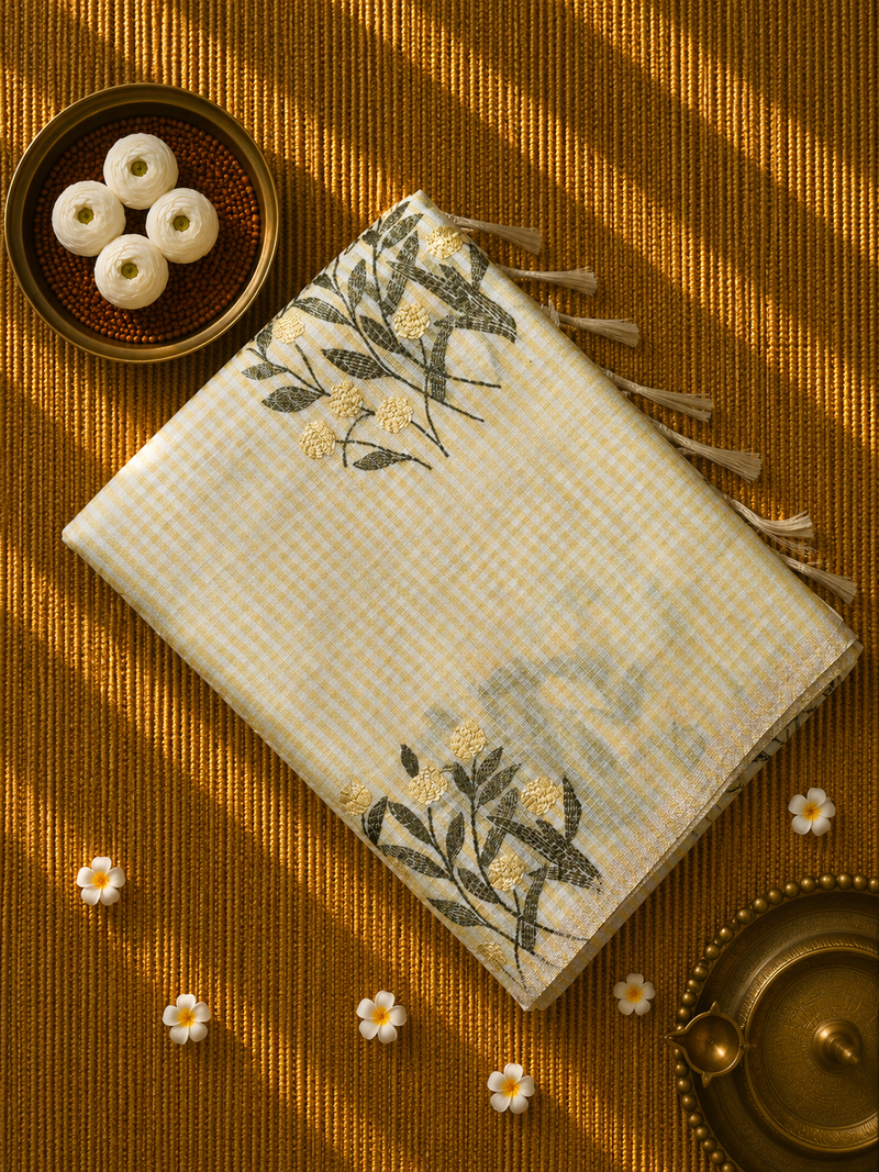 Linen Zari Saree in Checks and Floral Embroidery with Plain Blouse
