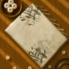 Linen Zari Saree in Checks and Floral Embroidery with Plain Blouse