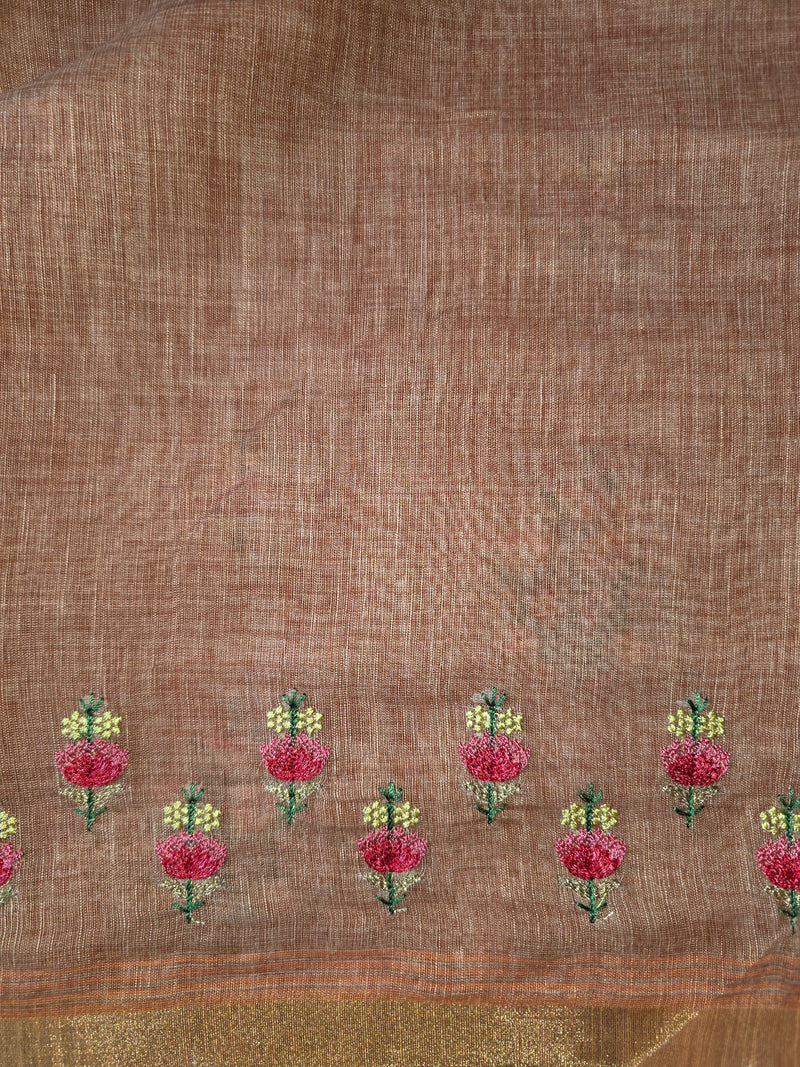 Linen Sari with Embroidered Motifs and Contrast Blouse