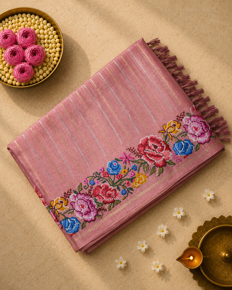 Tussar Silk Saree with Embroidery and Zari Stripes
