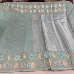 Blue Linen Tissue Saree with Silver Brocade Pallu and Blouse