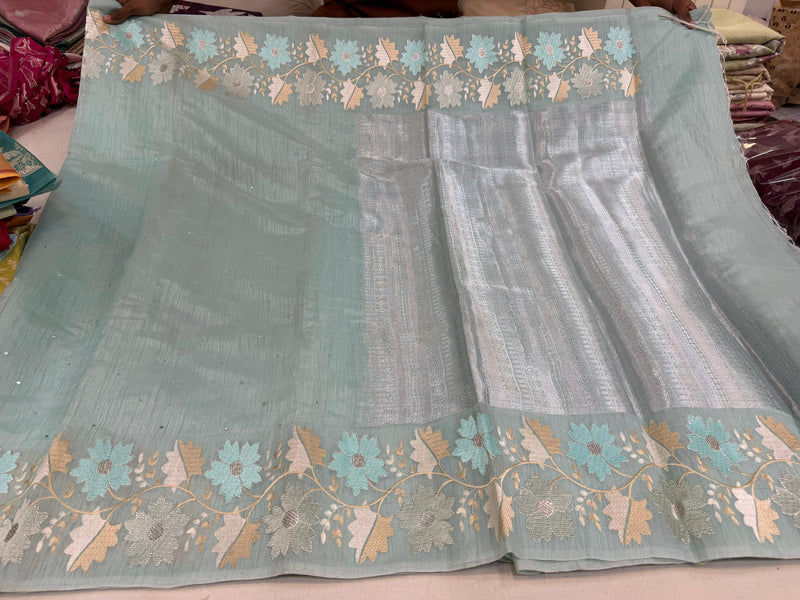 Blue Linen Tissue Saree with Silver Brocade Pallu and Blouse