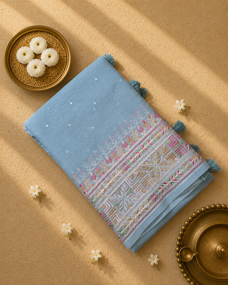 Linen Tissue Saree with Embroidery and Mirror Work
