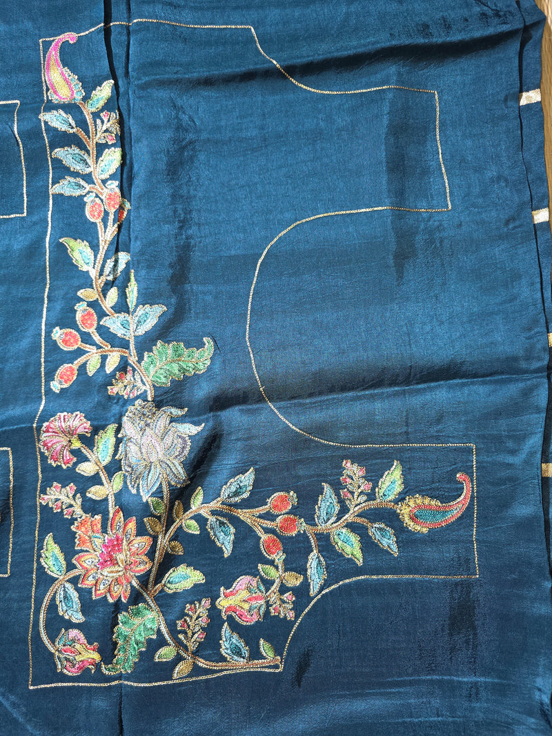 Peacock Blue Pure Dola Silk Saree in Checks and Heavy Embroidered Blouse