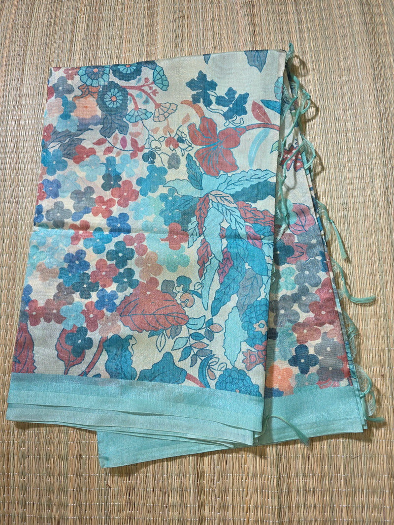 Blue Printed Tussar Silk Saree with Jamdhani Pallu