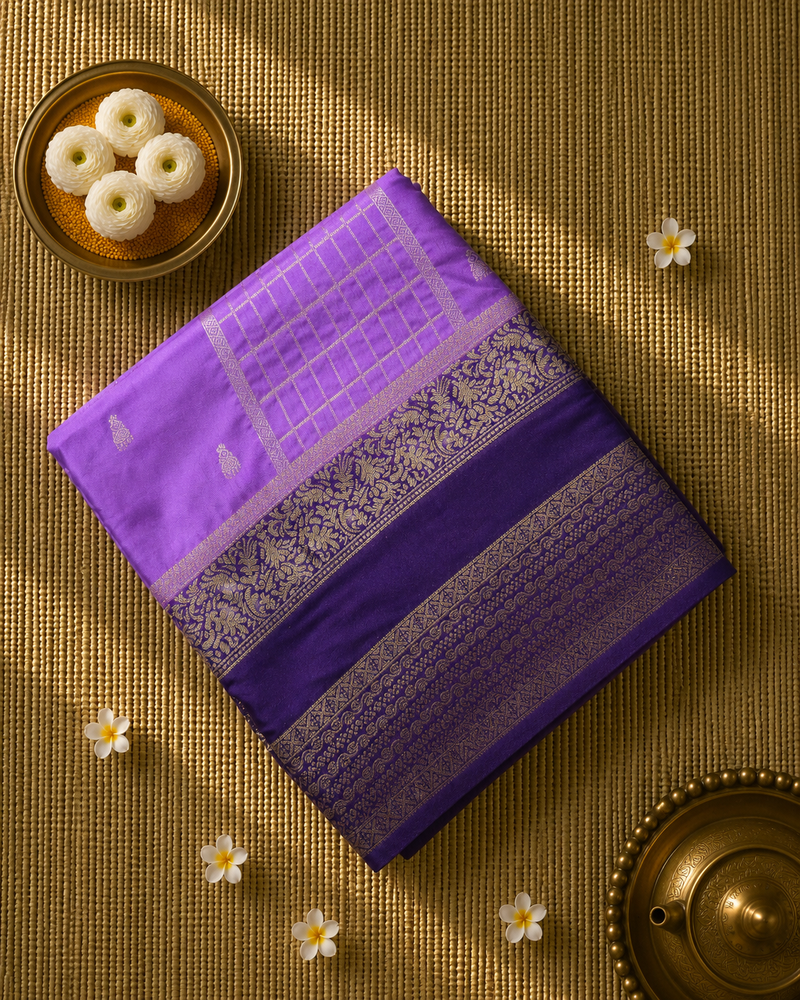 Premium Semi Mysore Crepe with Checks and Gap Border