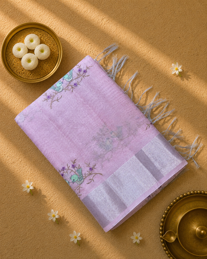 Linen Tissue Saree with Bird Motifs