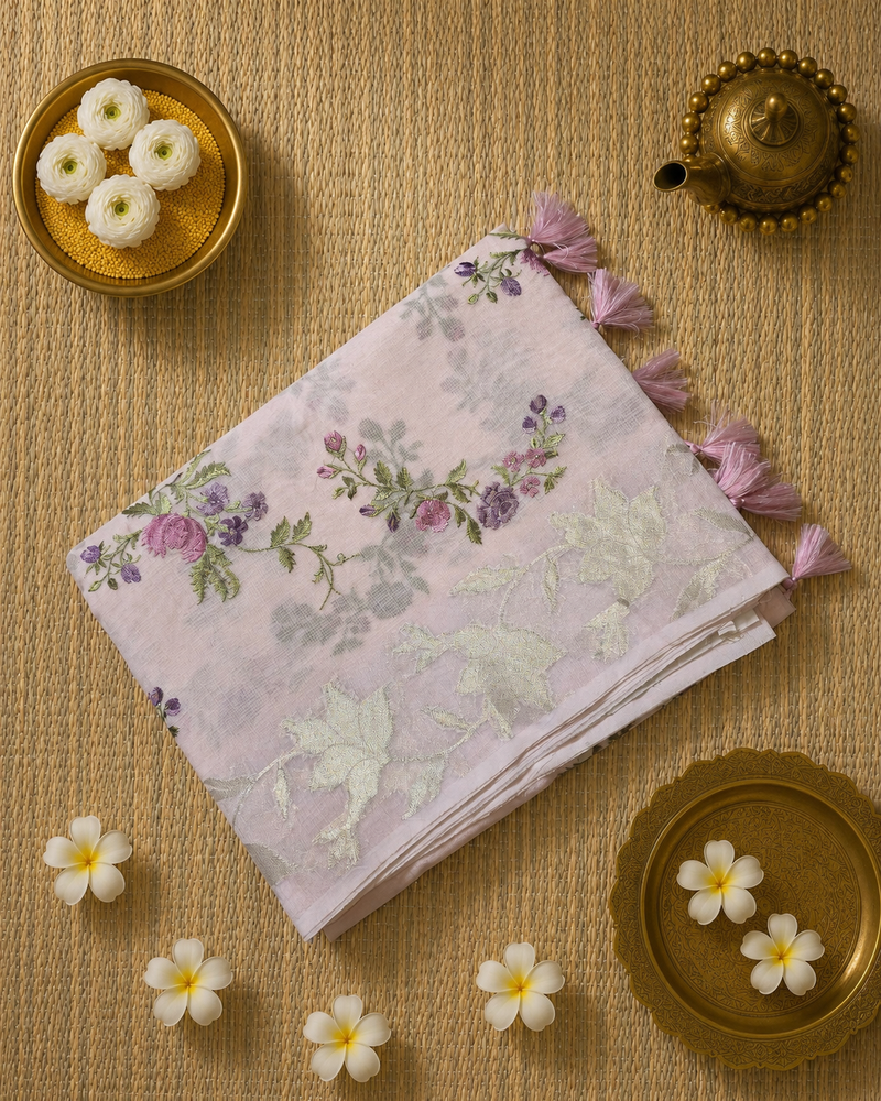 Kota Tissue Saree with Floral Woven Border and Embroidery